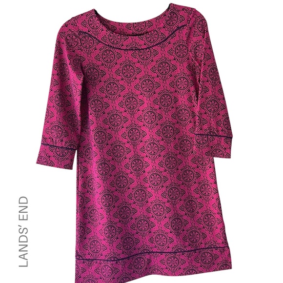 LANDS’ END | NWOT 3/4 SLEEVE SHEETH DRESS UPF 50 BRIGHT PINK & NAVY BLUE TRIM XS - Picture 1 of 8